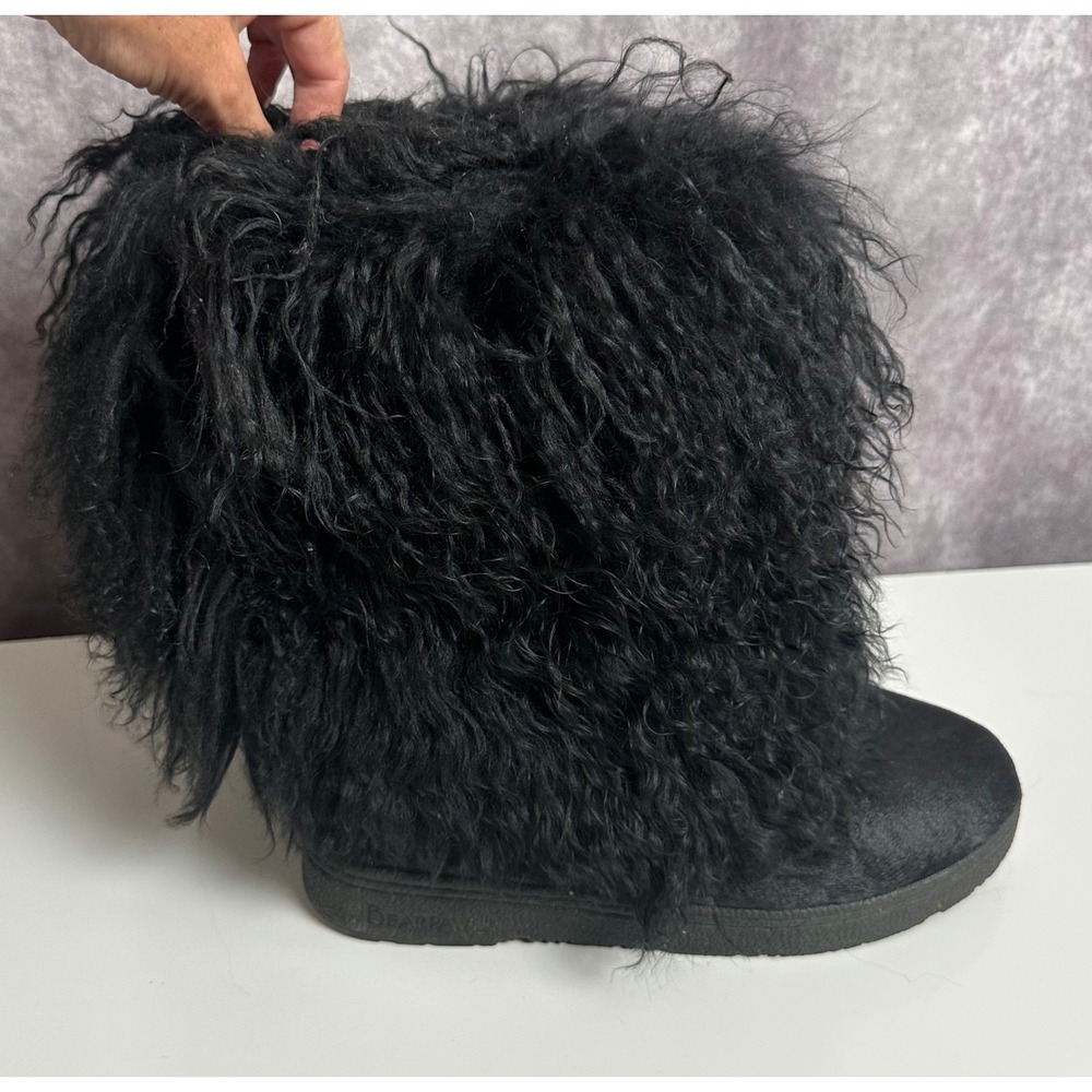 Bearpaw Boetis II Black Cow Hair Curly Lamb Fur Winter Boots Women Size 10 READ
